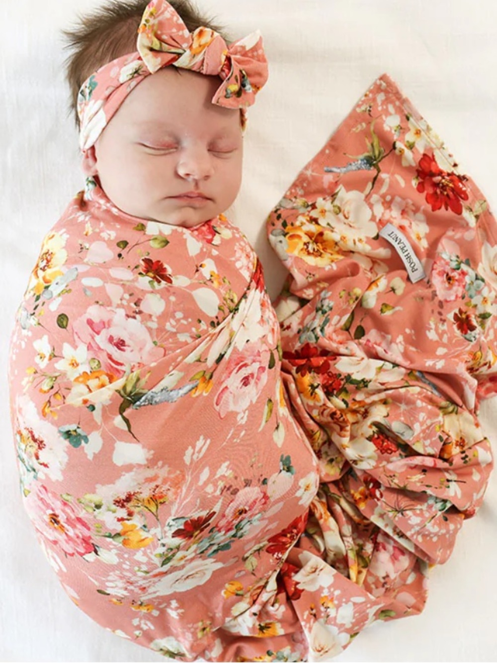 Posh Peanut Celia Coral Pink Floral Swaddle & Bow Headband Set